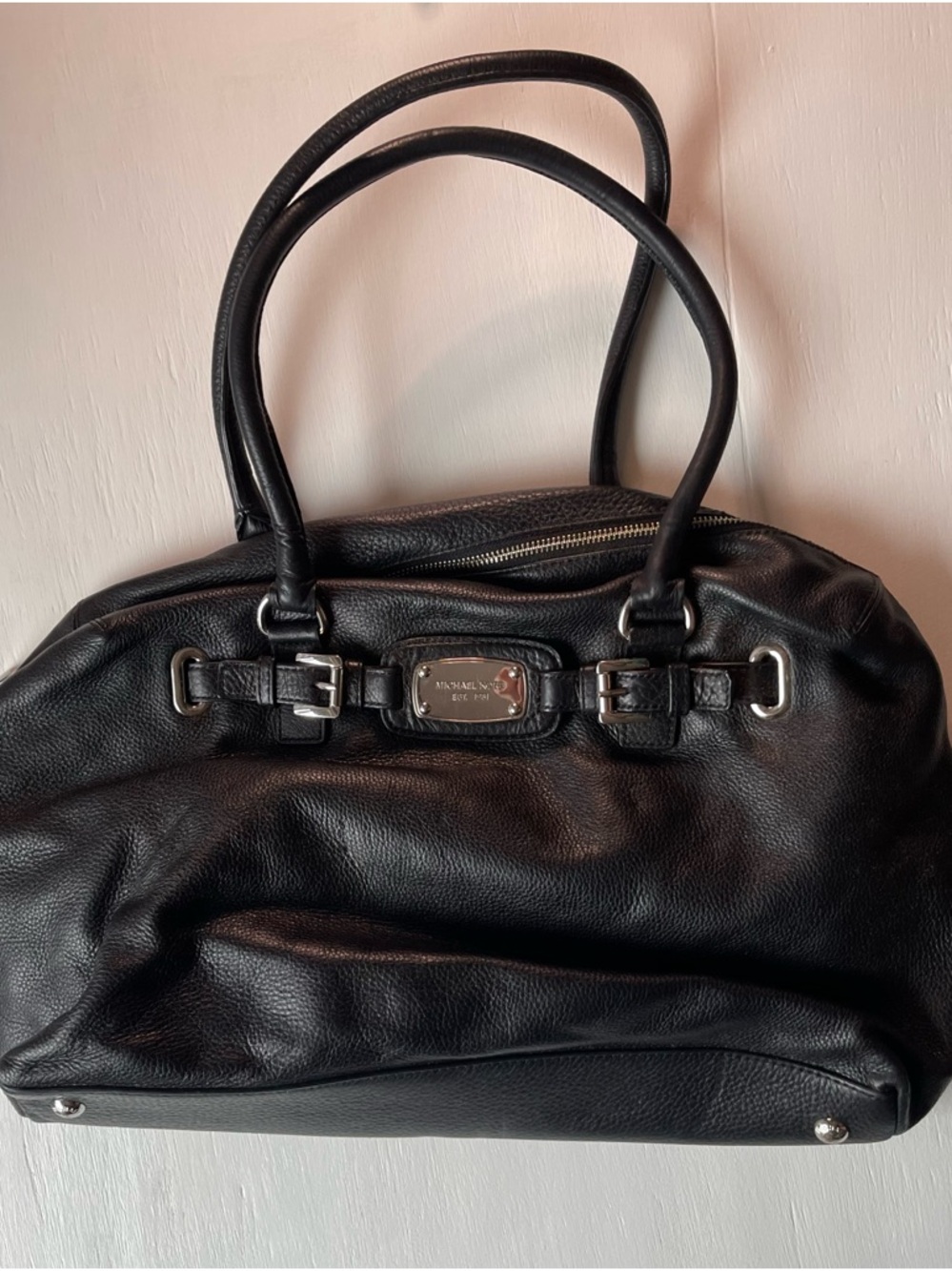 Michael Kors Black Leather Shoulder Bag with Silver Hardware